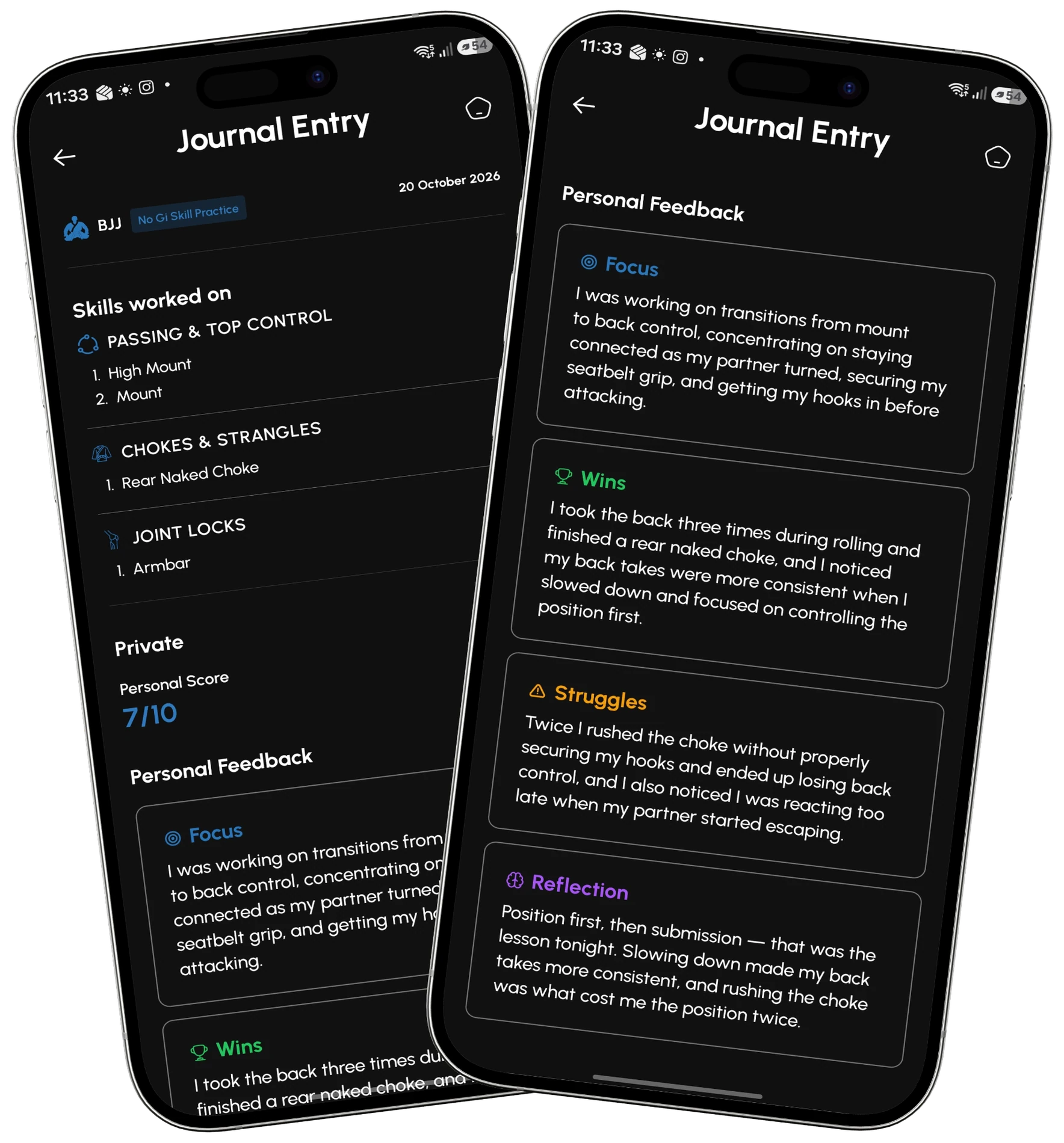 Prymo Sports BJJ journal showing skills trained, a session score and the Focus, Wins, Struggles and Reflection journal fields