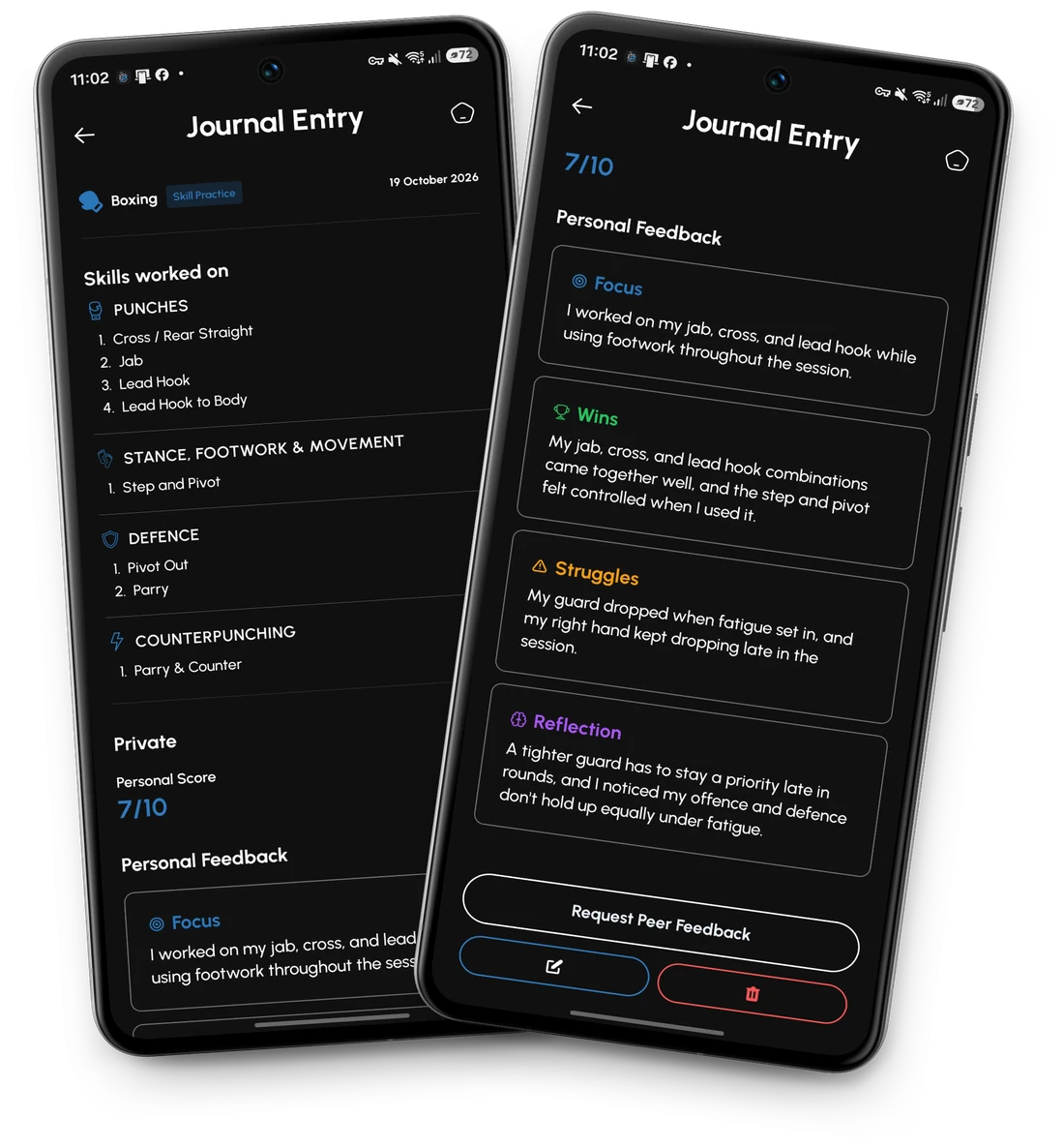 Prymo boxing skill practice journal showing logged techniques and four personal reflection pillars